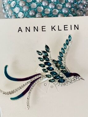 Anne Klein Teal and Silver Crystal Bird Pin